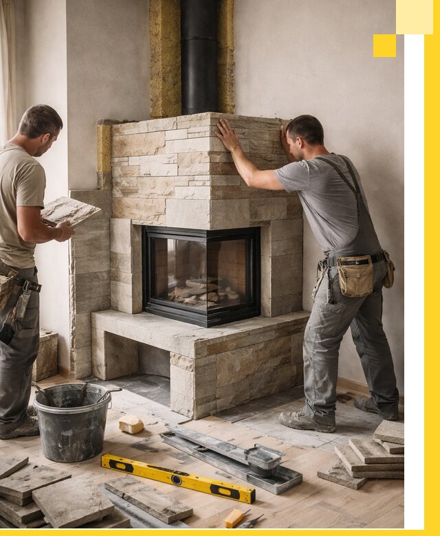 Угловые камины под ключ проект, монтаж и отделка в Волжском