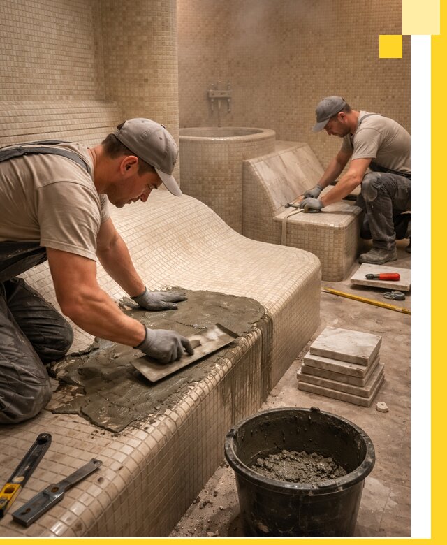 Лежаки для хамама под ключ в Волжском, проект и монтаж